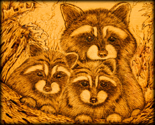 Raccoon family, woodburning technique